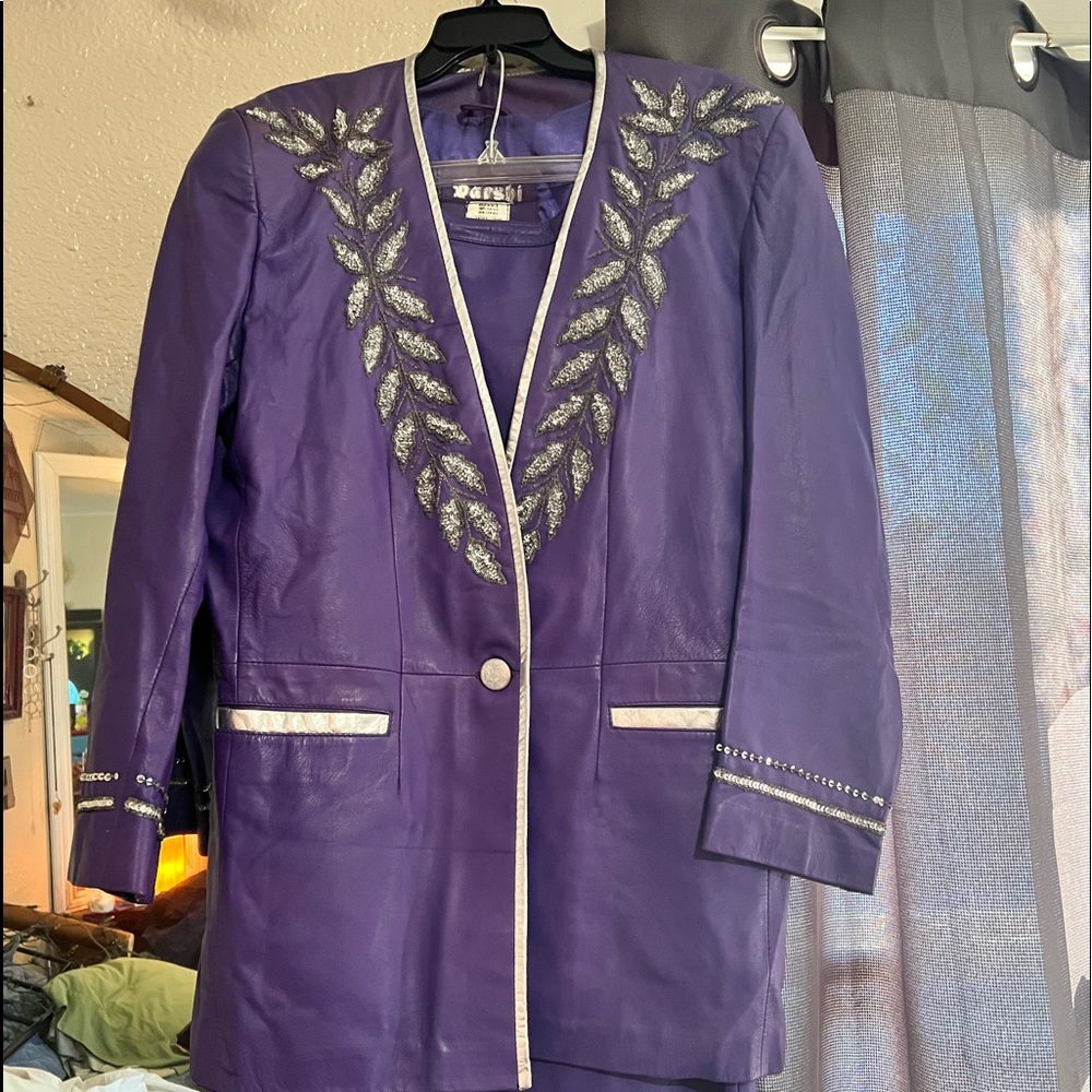 Vintage purple leather shirt and blazer. One of a kind!